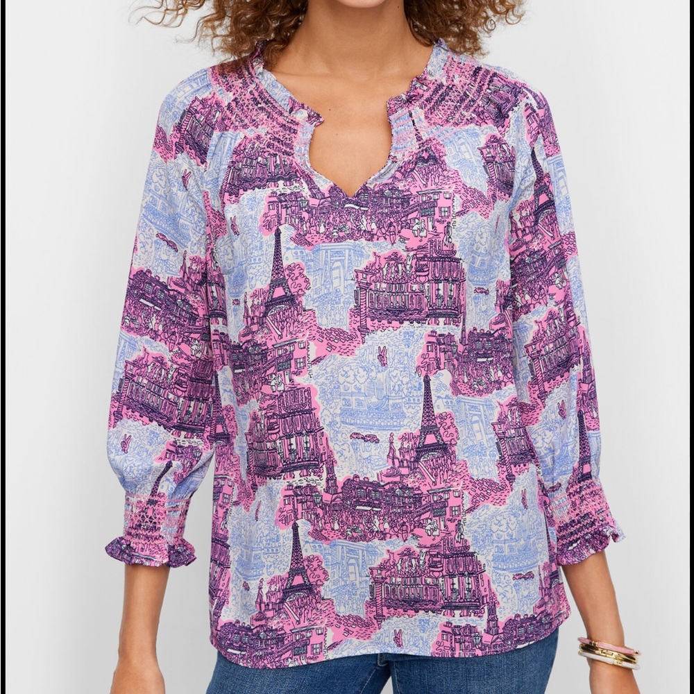 Talbots Paris Scene Smocked Novelty Allover Print Romantic XLp Feminine Blouse